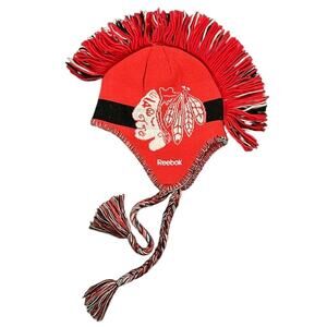 Awesome NHL Hockey Team Chicago Blackhawks Red Black Beanie Hat Yarn Mohawk